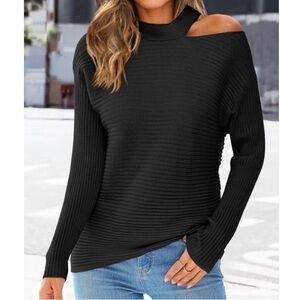 MIROL Ribbed Black Halter Neck Shoulder Cut Out Long sleeve Sweater Super Soft